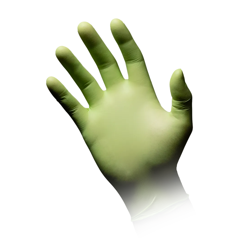 Ein einzelner AMPri STYLE APPLE Nitrilhandschuh puderfrei von MED-COMFORT, Apfelgrün, abgebildet mit der Handfläche nach oben auf weißem Untergrund. Der Handgelenkbereich ist ins Weiß übergehend, so dass nicht klar ist, ob der Handschuh getragen wird oder nur in dieser Form präsentiert wird.