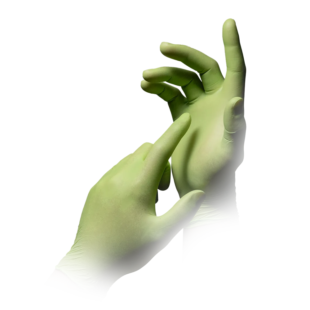 Abgebildet sind zwei Hände, die AMPri STYLE APPLE Nitrilhandschuhe puderfrei von MED-COMFORT in Apfelgrün tragen, wobei eine Hand den Handschuh der anderen Hand überzieht. Der Hintergrund ist weiß.