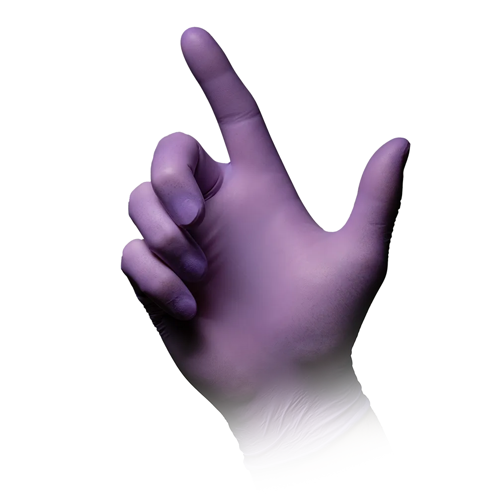 Eine Hand mit violettem Handschuh AMPri STYLE BERRY Nitrilhandschuhe puderfrei von MED-COMFORT, Flieder, von AMPri Handelsgesellschaft mbH ist vor einem weißen Hintergrund abgebildet. Die Hand ist so positioniert, dass der Zeigefinger nach oben und leicht zur Seite zeigt, während Daumen, Mittel-, Ring- und kleiner Finger leicht nach innen gebogen sind.