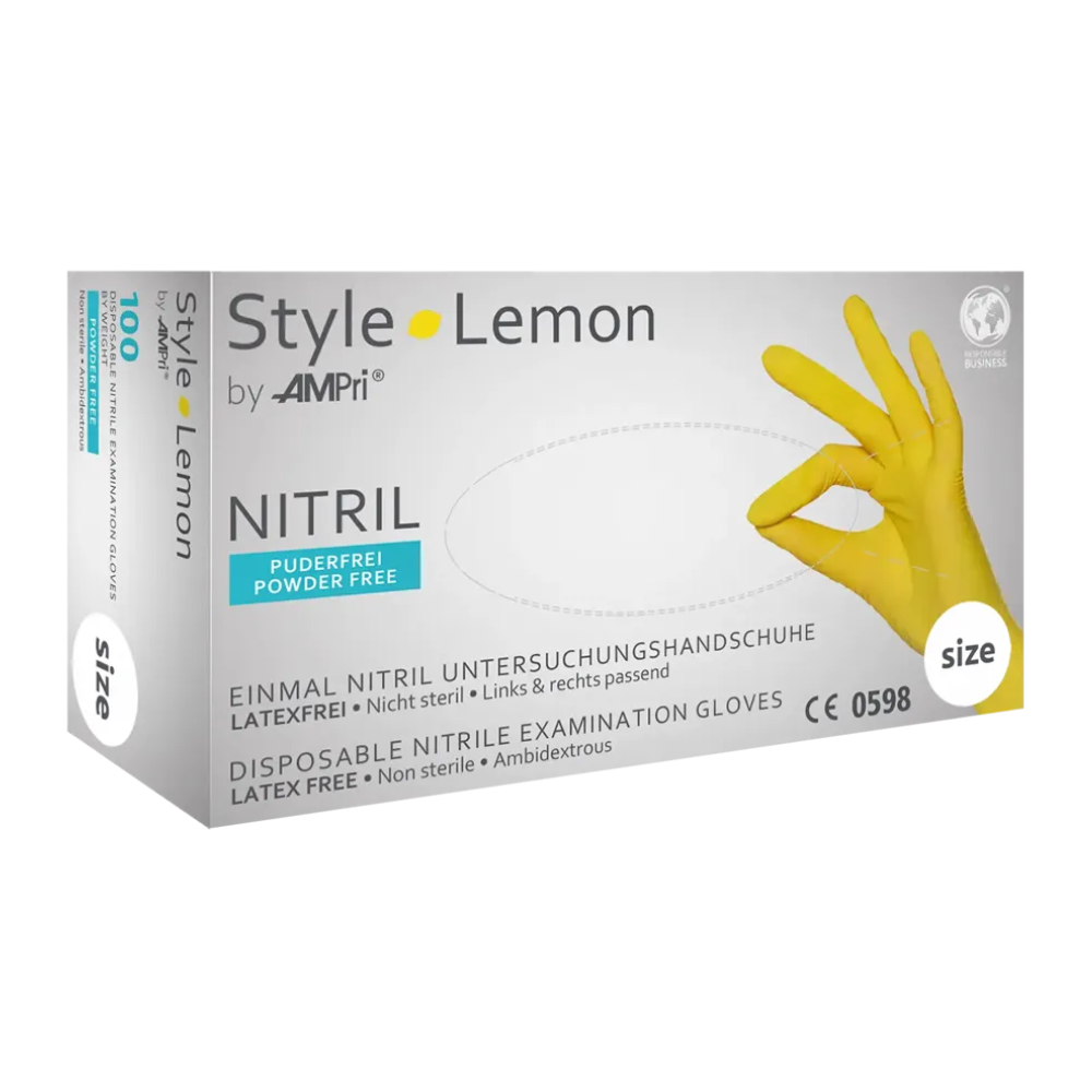 A white box labeled "AMPri STYLE LEMON Nitrile Gloves Powder-Free by MED-COMFORT" from AMPri Handelsgesellschaft mbH shows a yellow-gloved hand making an "OK" sign. The box contains "Disposable Nitrile Gloves - Latex-Free • Non-Sterile • Ambidextrous." The number "100" indicates the quantity inside, and they are powder-free.