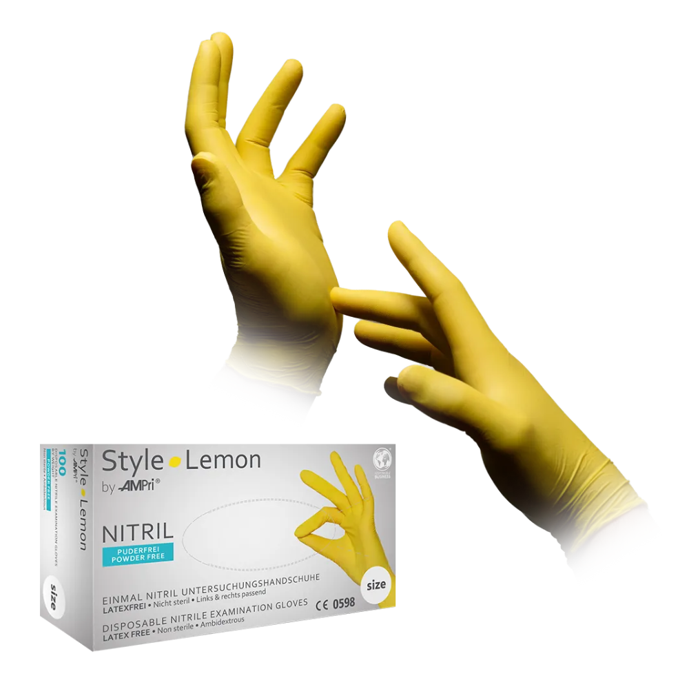 A box of AMPri STYLE LEMON Nitrile Gloves Powder-Free by MED-COMFORT, Yellow, labeled with a photo of a gloved hand making an OK gesture. Above the box, two hands in yellow, powder-free nitrile examination gloves float, one with splayed fingers and the other with outstretched fingers.