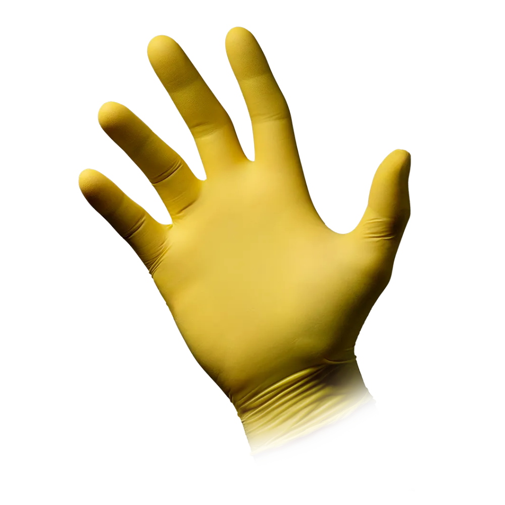 Ein einzelner AMPri STYLE LEMON Nitrilhandschuh von MED-COMFORT in Gelb wird mit der Vorderseite nach oben und gespreizten Fingern gezeigt. Der Handschuh sieht unbenutzt und sauber aus, hat eine glatte Textur und eine Manschette am unteren Ende. Vor einem schlichten weißen Hintergrund sticht der Gelb puderfrei Nitrilhandschuh der AMPri Handelsgesellschaft mbH deutlich hervor.
