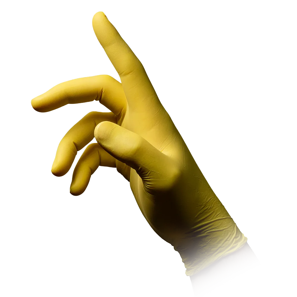 Auf weißem Grund ist eine gelb behandschuhte Hand abgebildet, deren Finger eine leicht gekrümmte Geste bilden. Die AMPri STYLE LEMON Nitrilhandschuhe puderfrei von MED-COMFORT bestehen scheinbar aus Latex oder einem ähnlichen Material und sind puderfrei.