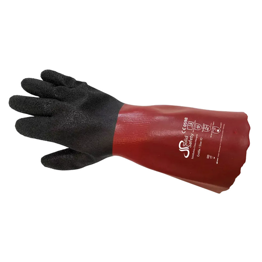 Die AMPri SolidSafety Chem MaxGrip Chemikalienschutzhandschuhe in den Größen M - L, angeboten von der AMPri Handelsgesellschaft mbH, sind rot-schwarze Schutzhandschuhe mit strukturiertem Griff. Sie sind speziell als abriebfeste Chemikalienschutzhandschuhe konzipiert und verfügen über verschiedene Sicherheitszertifizierungssymbole und Texte am Handgelenk, um außergewöhnlichen Schutz gegen aggressive Substanzen bei starker Beanspruchung zu bieten.