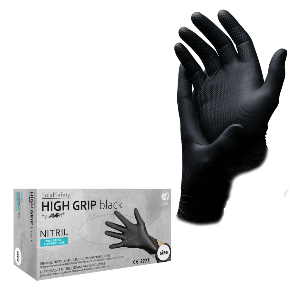 AMPri SolidSafety High Grip Black Nitril Chemikalienschutzhandschuhe Schwarz S