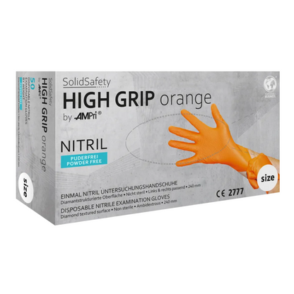 Box with orange AMPri SolidSafety High Grip nitrile chemical protection gloves. These non-sterile gloves have a powder-free, diamond-textured surface and are suitable for both hands. Labeled in multiple languages with size information, CE 2777, and food-safe symbols for use in the food industry.