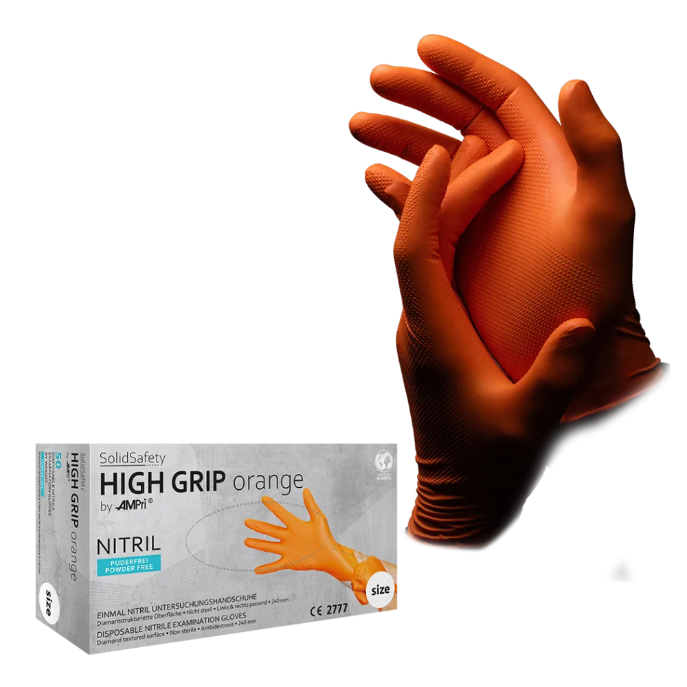 A pair of orange nitrile gloves for protection against chemicals, depicted with one hand at the wrist of the other, is seen under a box labeled "AMPri SolidSafety High Grip Orange" from AMPri Handelsgesellschaft mbH. These non-sterile disposable gloves are specially designed for high grip and versatile use, including use as gloves in the food industry.