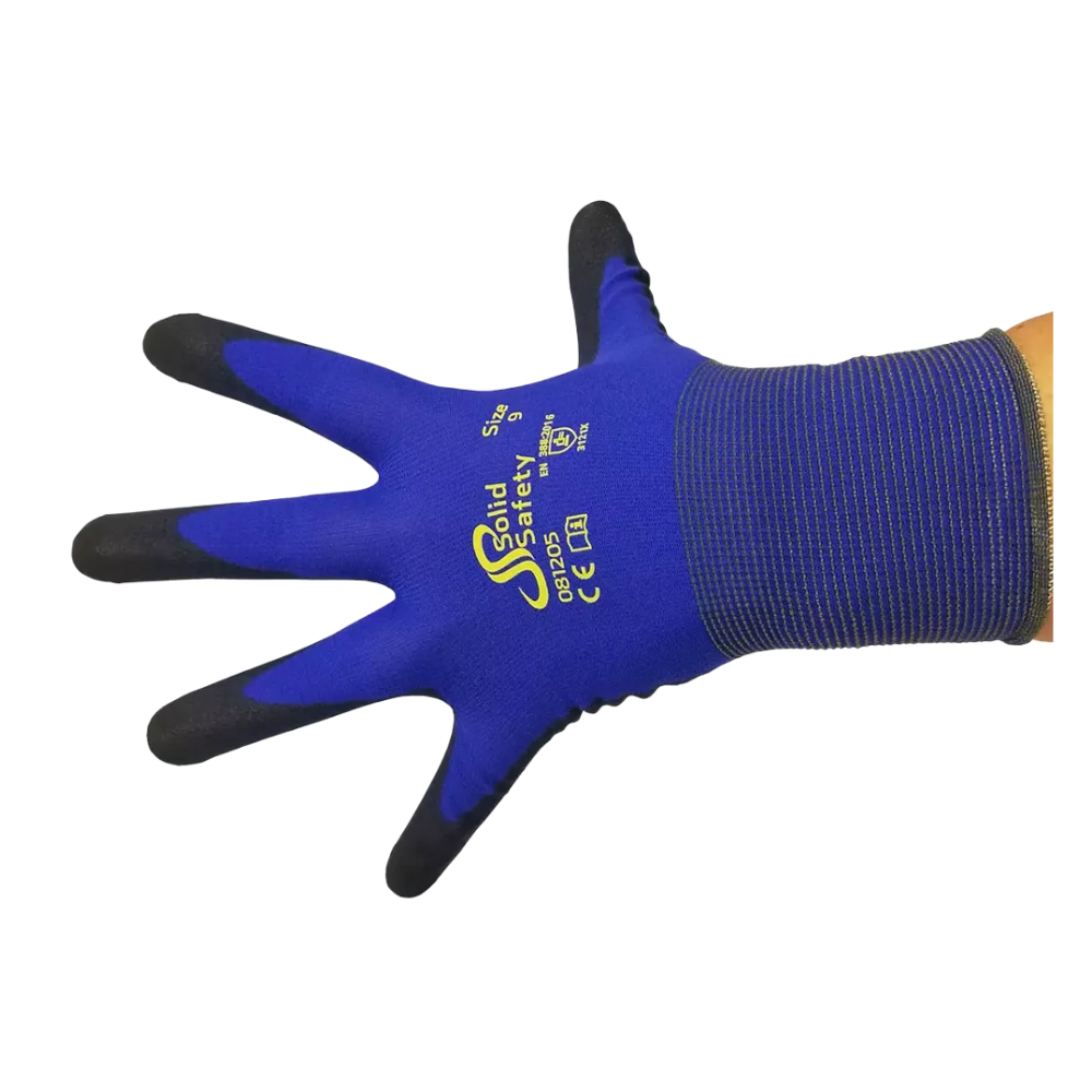 A single blue-black work glove in the AMPri SolidSafety Tough Fine Touch design from AMPri Handelsgesellschaft mbH is shown with markings like SolidSafety and safety certifications. The glove is open, the fingers are spread, highlighting its textured grip and seamless construction, ideal for ultra-light assembly gloves.