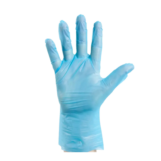 Ein Ampri-TPE-Handschuh mit ausgestreckten Fingern vor einem weißen Hintergrund, wodurch das glatte, schützende Material hervorgehoben wird, das typischerweise im medizinischen Bereich verwendet wird.