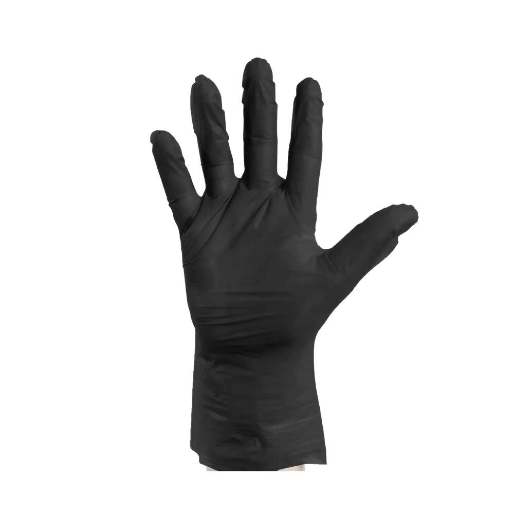 Ein schwarzer Gummihandschuh auf weißem Hintergrund mit gespreizten Fingern, passend zu den Ampri TPE-Handschuhen in Schwarz, Basic-Plus Revolution – 200 Handschuhe.