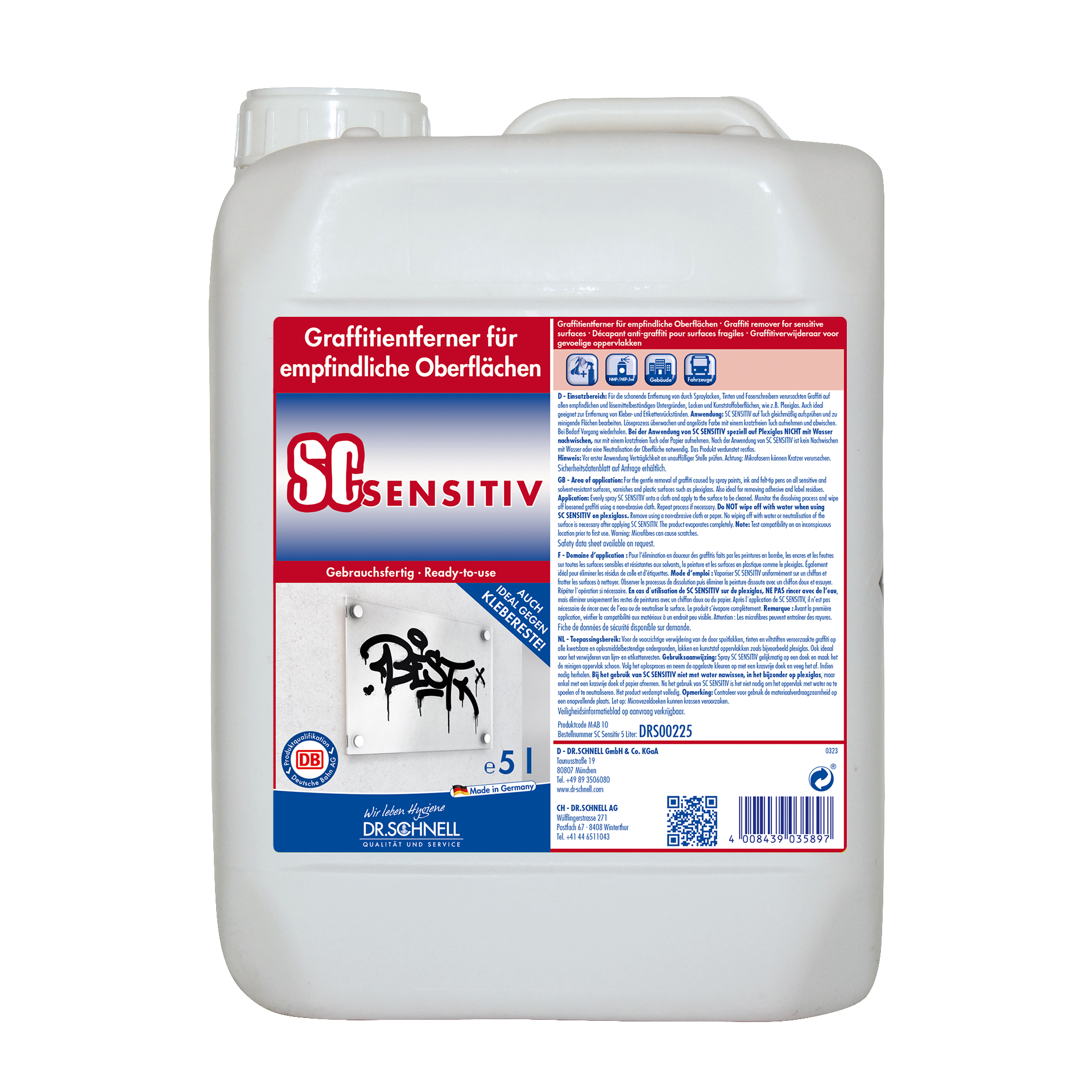Ein weißer 5L-Behälter SC SENSITIV Graffitientferner für empfindliche Oberflächen von DR.SCHNELL GmbH & Co. KGaA, mit deutscher Gebrauchsanweisung auf dem Etikett und einem kleinen Bild der Graffitientfernung.