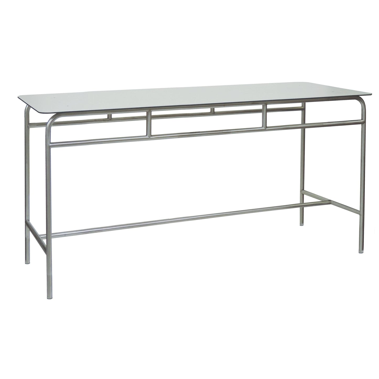 Der Novocal Arbeits- und Ablegetisch zeichnet sich durch ein elegantes Edelstahlgestell und eine weiße Vollkernarbeitsplatte aus. Er bietet einen minimalistischen Stil und ist praktisch - ideal als Konsolentisch vor einem weißen Hintergrund.