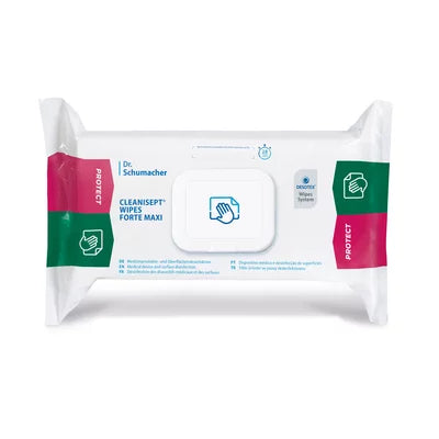 A pack of Dr. Schumacher Cleanisept® Wipes Forte Max (100 wipes) from Dr. Schumacher GmbH with a resealable lid and green-pink accents offers virucidal, alcohol-free disinfection in a white packaging with brand and product information.