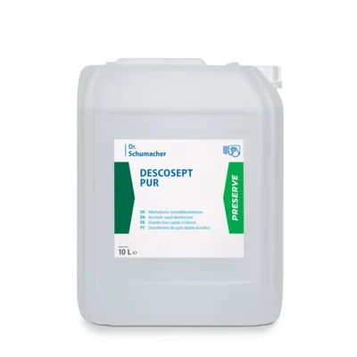 Dr. Schumacher DESCOSEPT PUR rapid disinfection in a 10-liter container made of transparent plastic with a green-white label, handle, and screw cap for alcoholic rapid disinfection of medical devices.