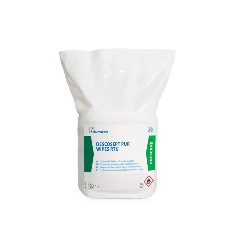Die weiße Kunststoffpackung der Dr. Schumacher Descosept Pur Wipes RTU Desinfektionstücher (120 Stück) der Dr. Schumacher GmbH hat blaue und grüne Akzente sowie Sicherheits- und Anwendungshinweise für Schnelldesinfektion auf der Verpackung.