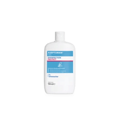 The image shows a white 150-ml bottle of Aseptoman® Gel hand sanitizer from Dr. Schumacher GmbH against a solid, light-colored background, featuring a blue, white, and pink label with brand and product information.
