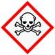 Ein Gefahrensymbol mit einem Totenkopf und gekreuzten Knochen innerhalb einer rautenförmigen Umrandung. Die Umrandung ist rot und der innere Hintergrund ist weiß. Dieses Symbol weist auf das Vorhandensein giftiger oder gefährlicher Stoffe hin.