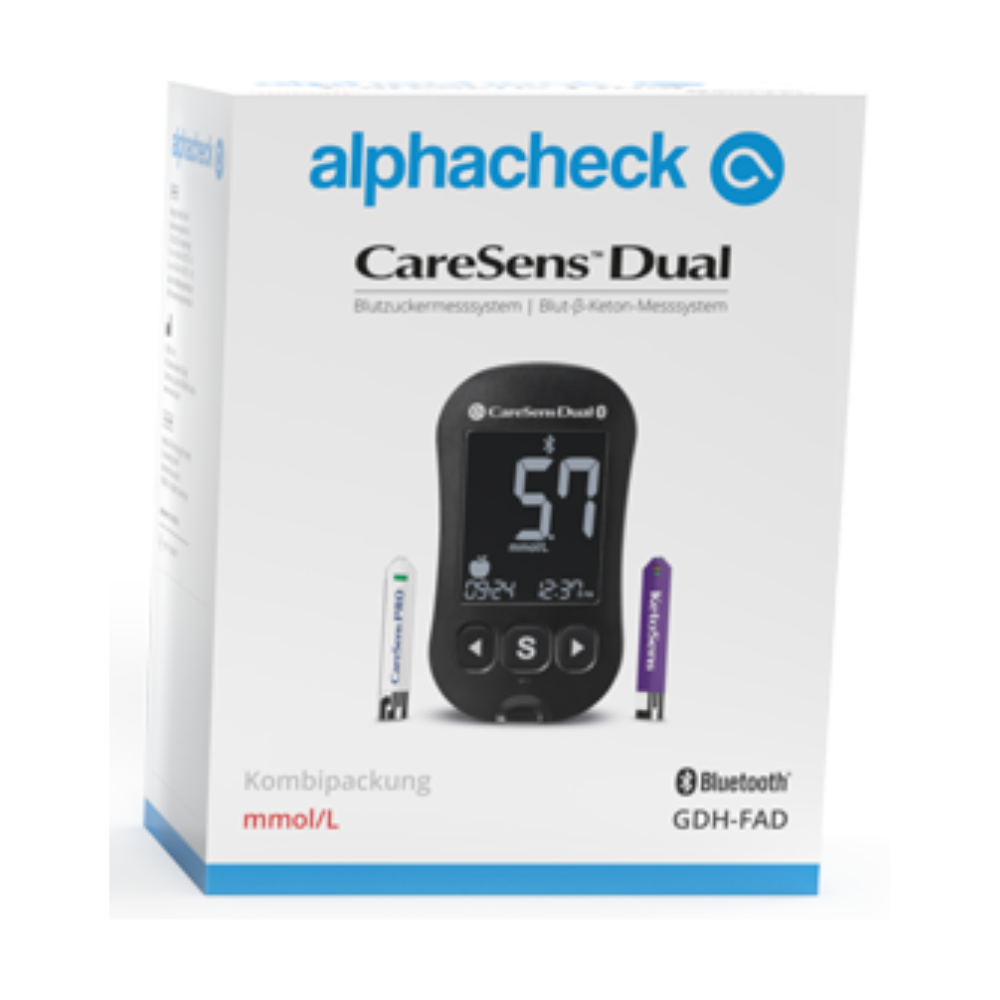 A box of Alphacheck CareSens DUAL blood glucose meter combo pack | Package (1 piece) by Berger Med GmbH, tailored for diabetes management, presented in white and light blue packaging. The box features a black blood glucose meter with a display showing “57”. It also includes two test strips, Bluetooth capability, and the labels “combo pack” and “mmol/L”, ideal for blood glucose and β-ketone measurement.
