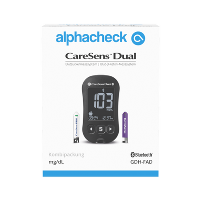 The image shows the packaging of an Alphacheck CareSens DUAL blood glucose meter combo pack | Package (1 piece), a blood glucose and ketone monitoring system by Berger Med GmbH, ideal for diabetes self-monitoring. The box is labeled in German and shows a digital meter with a reading of 103 mg/dL as well as glucose and ketone strips. Bluetooth connectivity is mentioned.