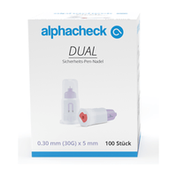 Pictured is a box of Alphacheck DUAL safety pen needles in various sizes from Berger Med GmbH. The box contains 100 needles, each measuring 0.30 mm (30G) x 5 mm. The design features one needle inside a protective sleeve and another needle outside, emphasizing double safety.