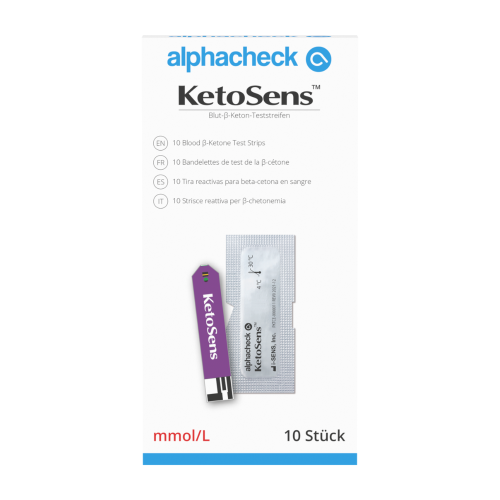 Das Bild zeigt die Verpackung von Alphacheck KetoSens Blut-β-Keton-Teststreifen | Packung (10 Stück). Die überwiegend weiße Schachtel mit blauen und violetten Akzenten enthält 10 Blut-β-Keton-Teststreifen und zeigt mehrsprachige Informationen zu Verwendung und Inhalt, sodass sie mit Ihrem Blutzuckermessgerät kompatibel ist. Dieses Produkt ist von Berger Med GmbH.