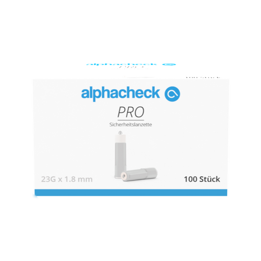 Verpackung der Alphacheck Pro Sicherheitslanzette mit der Aufschrift „Sicherheitslanzette“ zur kapillaren Blutgewinnung und der Produktspezifikation „23 g x 1“.