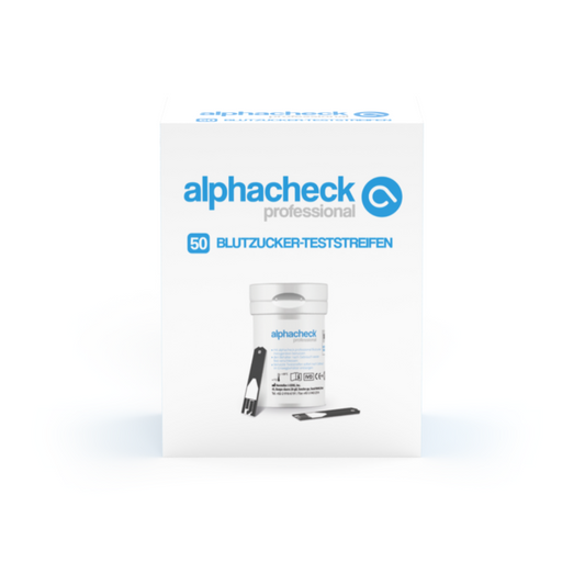 Ein Produktbild der Alphacheck Professional Diabetes-Messstreifen. Auf der Verpackung steht „50 Alphacheck Professional Blutzuckerteststreifen“ und es sind eine Flasche mit Streifen und ein Blutzuckermessgerät enthalten.