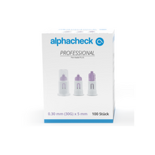 Eine Schachtel Alphacheck Professional Pen-Nadel PLUS, verschiedene Größen, für Insulininjektionen. Die Schachtel zeigt ein Bild der sterilen Nadeln und gibt die Größe an: 0,30 mm (30G) x 5 mm. Sie enthält 100 Stück von Berger Med GmbH.