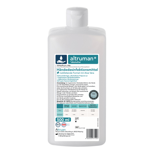 Eine 500-ml-Flasche Altruan Händedesinfektionsmittel mit einem Etikett mit Produktdetails und Inhaltsstoffen in deutscher Sprache, das die hautfreundliche, alkoholfreie Formel mit Aloe Vera hervorhebt.