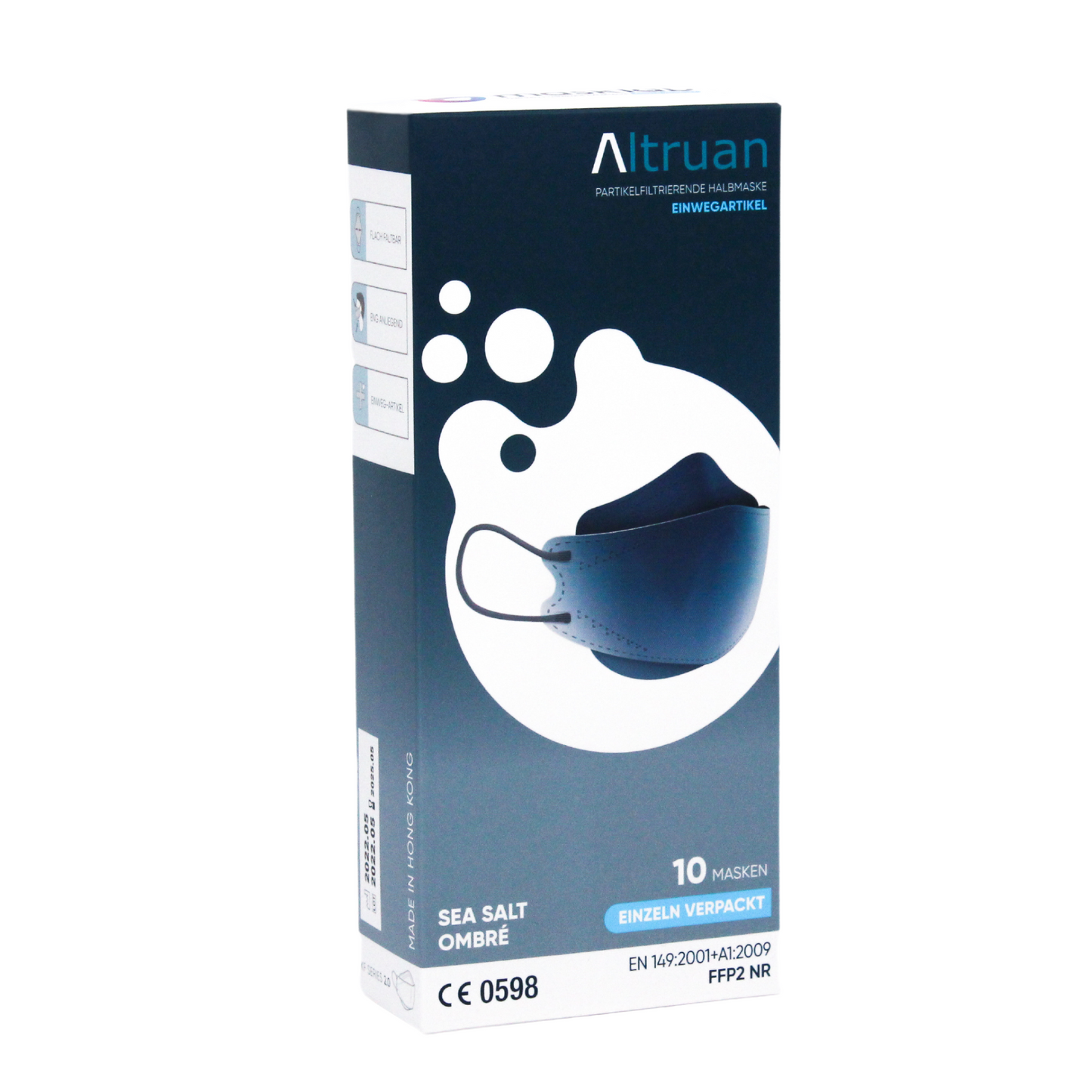 Eine Packung Altruan Designer Gesichtsmaske Partikelfiltrierend-Masken, die den FFP2-Standards entsprechen und ein elegantes Design aufweisen. Die Verpackung ist dunkelblau mit einem weißen Blasenmuster und enthält ein Bild der Maske. Sie enthält 10 Masken, komplett mit Zertifizierungs- und Standarddetails.