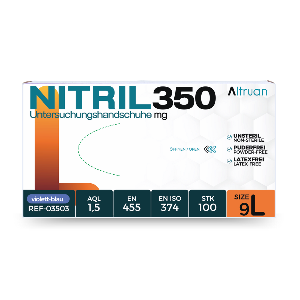 Schachtel mit Altruan NITRIL350 Einweghandschuhen aus Nitril in violett-blauer Farbe, Größe L. Die Verpackung hebt Merkmale wie puderfrei, latexfrei hervor und entspricht der EN.