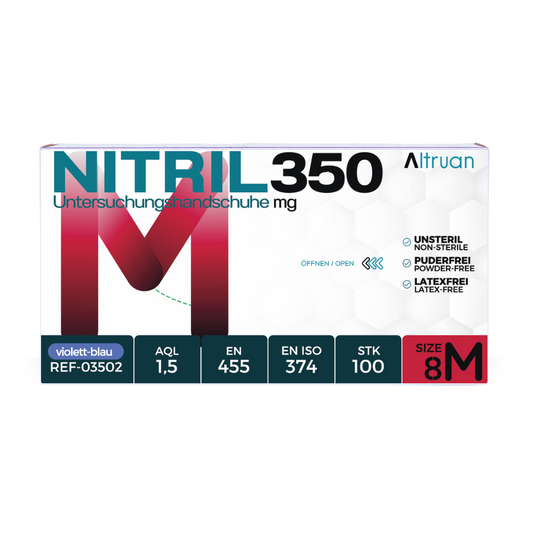 Eine Schachtel mittelgroße, violettblaue Untersuchungshandschuhe aus Nitril vom Typ Altruan NITRIL350 mit herausragenden Merkmalen wie puderfrei, latexfrei und Konformität mit EN ISO-Normen.