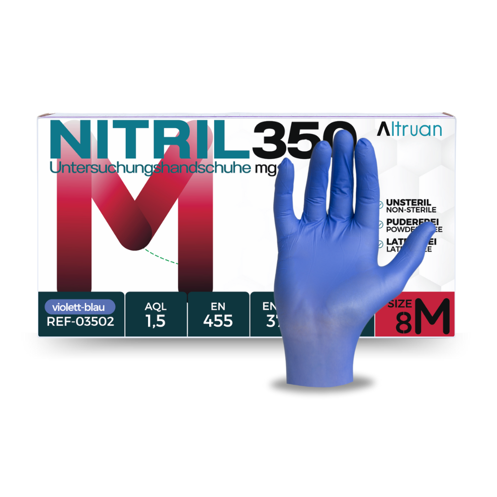 Eine Schachtel Altruan NITRIL350 violett-blaue latexfreie Nitrilhandschuhe zur Untersuchung mit einem vorn verlängerten Handschuh in der Größe 8m. Der Schachteltext