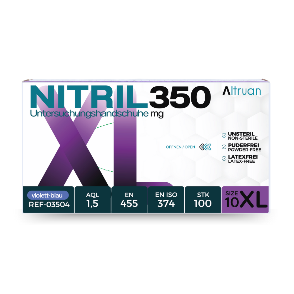 Eine Schachtel Altruan NITRIL350 Nitril Handschuhe, Einmalhandschuhe, blau – 100 Stück unsterile, latexfreie, violett-blaue Nitril-Untersuchungshandschuhe in Größe XXL, mit Zertifizierungen und Produktdetails.