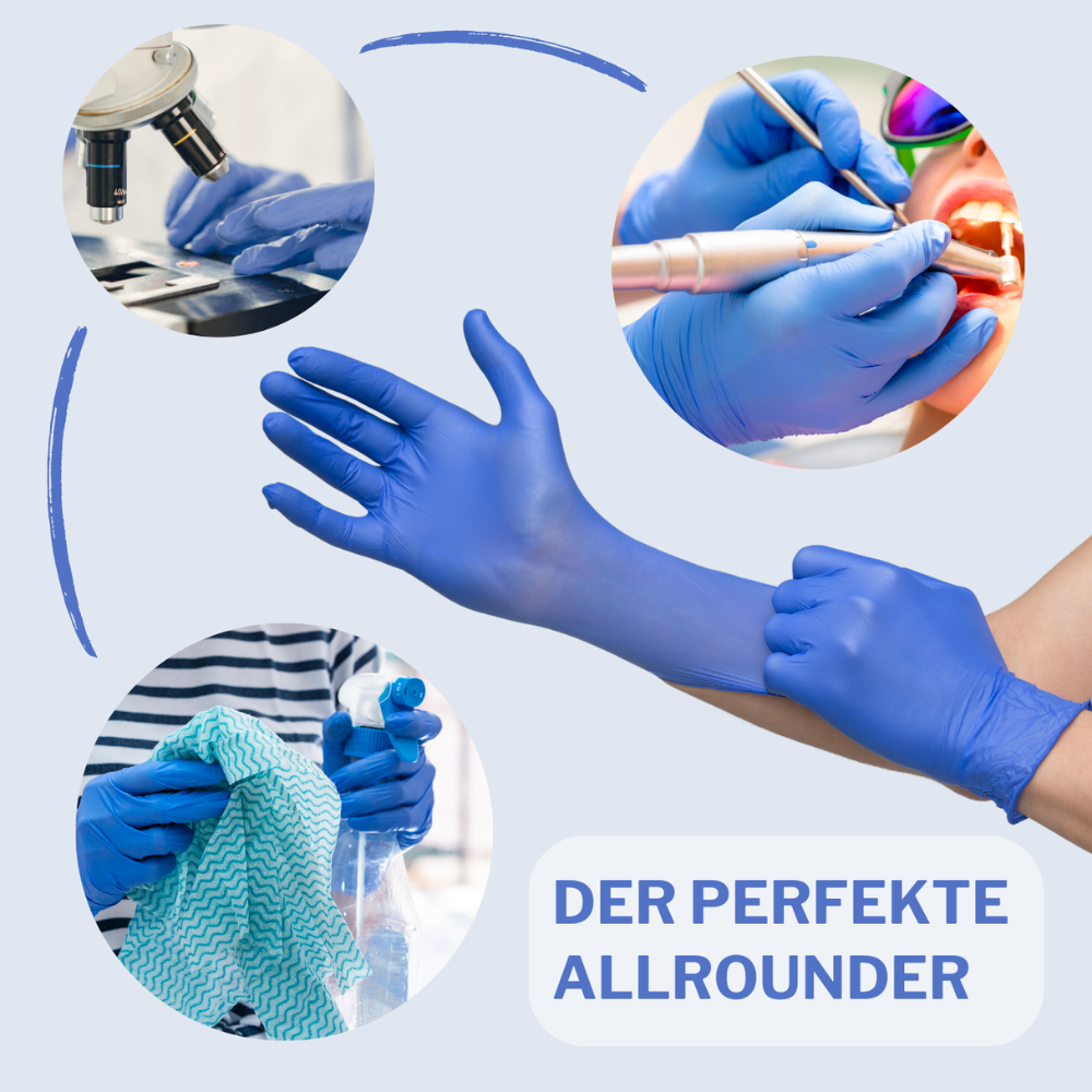 Collage aus Bildern, die Altruan NITRIL350 Nitril Handschuhe, Einmalhandschuhe, blau - 100 Stück in verschiedenen professionellen Umgebungen zeigen: Nahaufnahme eines Mikroskops, Zahnbehandlung und Labortests. Der Text lautet „der perfekte Allrounder“ in