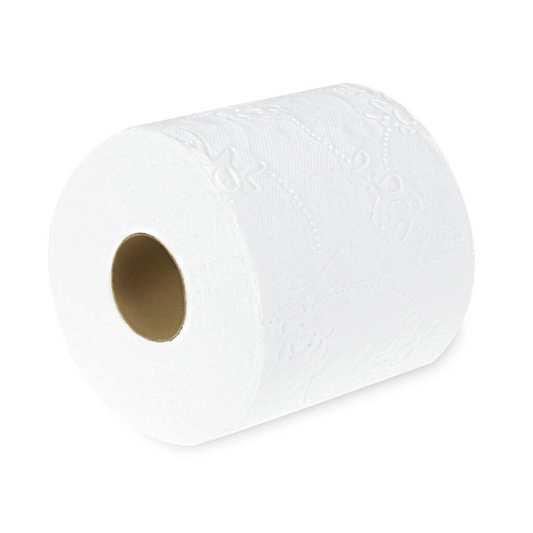 Eine einzelne Rolle Altruan Toilettenpapier, 3-lagig, weiß mit geprägtem Blumenmuster. Die Rolle steht aufrecht, die perforierte Kante ist sichtbar und zeigt ihre Zellulose-Qualität. Die zentrale Pappröhre ist ebenfalls sichtbar.