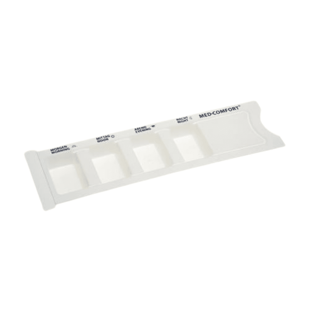 Ein weißer, rechteckiger AMPri Medikamentendispenser aus Polypropylen mit der Aufschrift „medicomfort“ und sieben Fächern für jeden Wochentag, präsentiert vor einem schlichten Hintergrund.