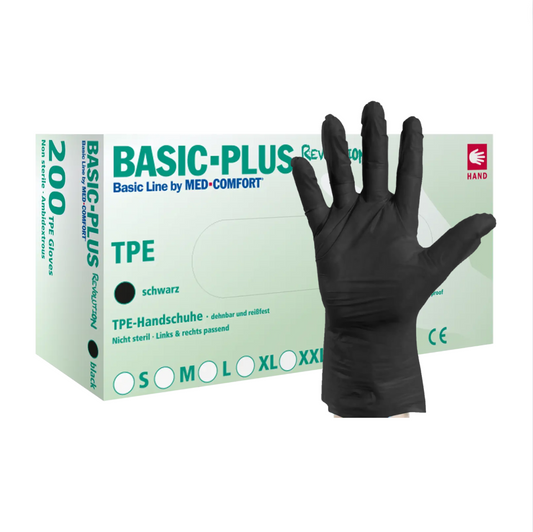 Eine Schachtel schwarzer, unsteriler Ampri TPE-Handschuhe von med-comfort mit der Aufschrift „dehnbar und reißfest“,