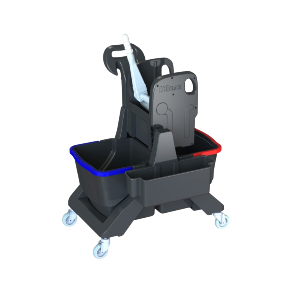 The Arcora Ecoblack 45 double bucket from Arcora International GmbH is a wheeled mop bucket set made of 97% recycled material, featuring blue and red compartments for efficient cleaning, as well as an integrated wringing device and a handle.