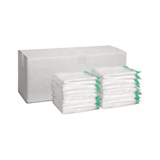 Ein einfacher Karton steht neben drei Stapeln durchsichtiger Arcora Einweg Vliestücher imprägniert - 60 x 25 cm | Packung (100 Stück) Plastiktüten. Jeder Stapel enthält mehrere gefaltete weiße Artikel, die mit grünen Bändern zusammengebunden sind. Der Karton und die Stapel stehen auf einem weißen Hintergrund.