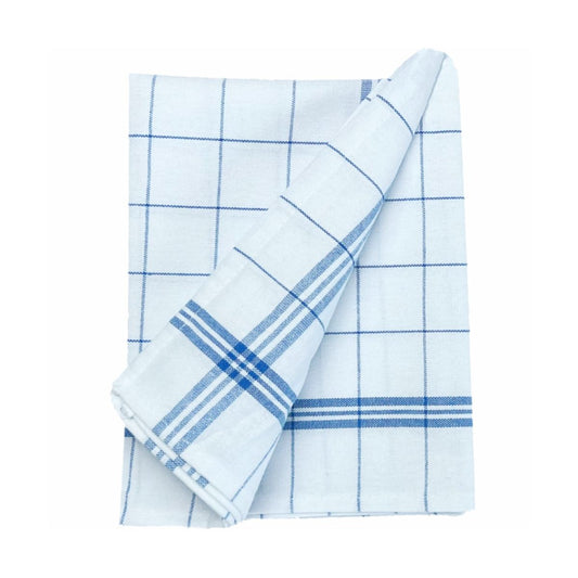 Ein blau-weiß kariertes Baumwoll-Küchentuch von Arcora, ordentlich gefaltet auf weißem Hintergrund. Das Tuch hat ein dünnes blaues Streifenmuster.