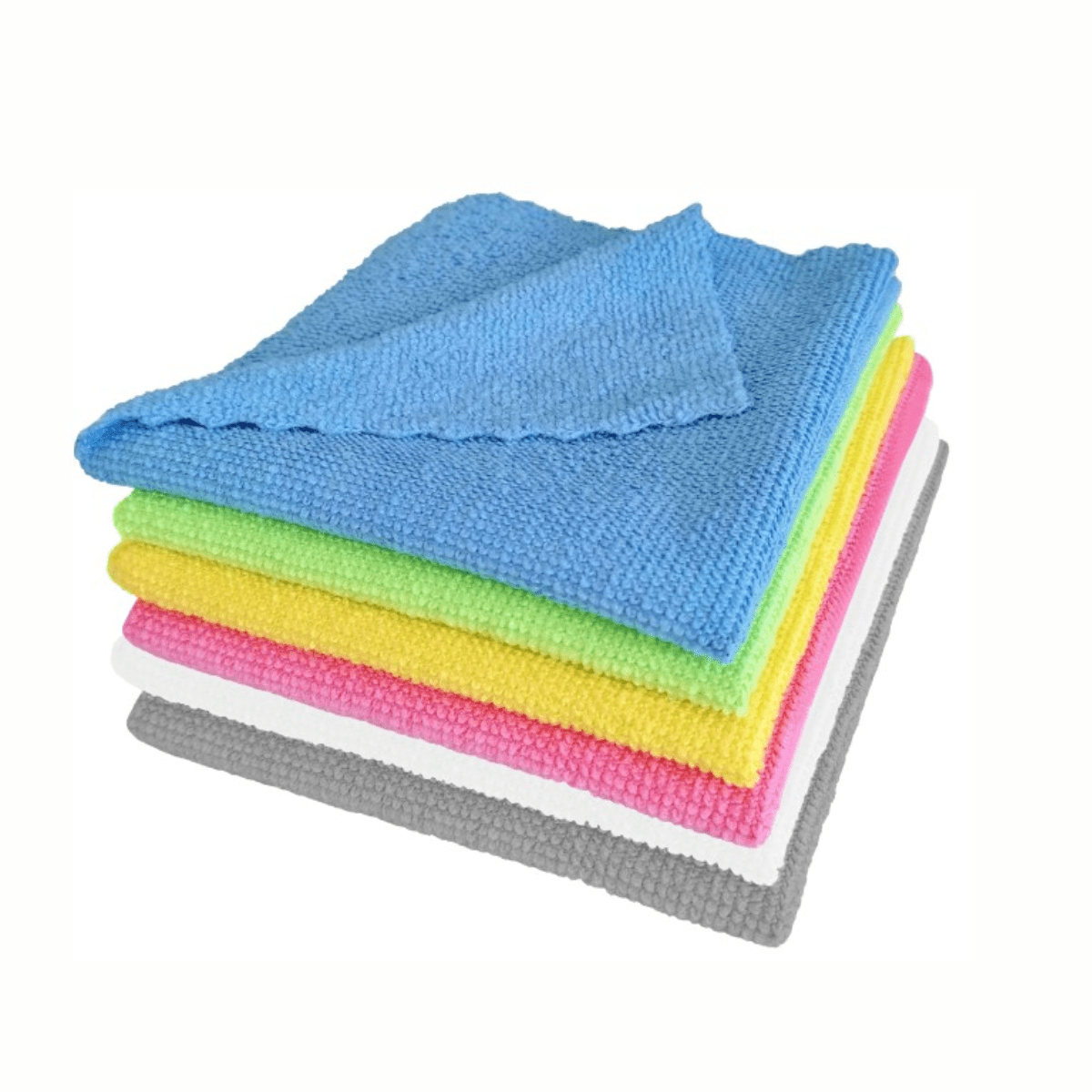 Ein Stapel Arcora Microfasertücher ECO-LINE 2in1 in Blau, Grün, Gelb, Pink, Weiß und Grau der Arcora International GmbH ist ordentlich zur Flächendesinfektion angeordnet. Das strukturierte blaue Tuch liegt oben auf dem Stapel und sorgt für Sauberkeit und Effizienz bei jedem Wisch.