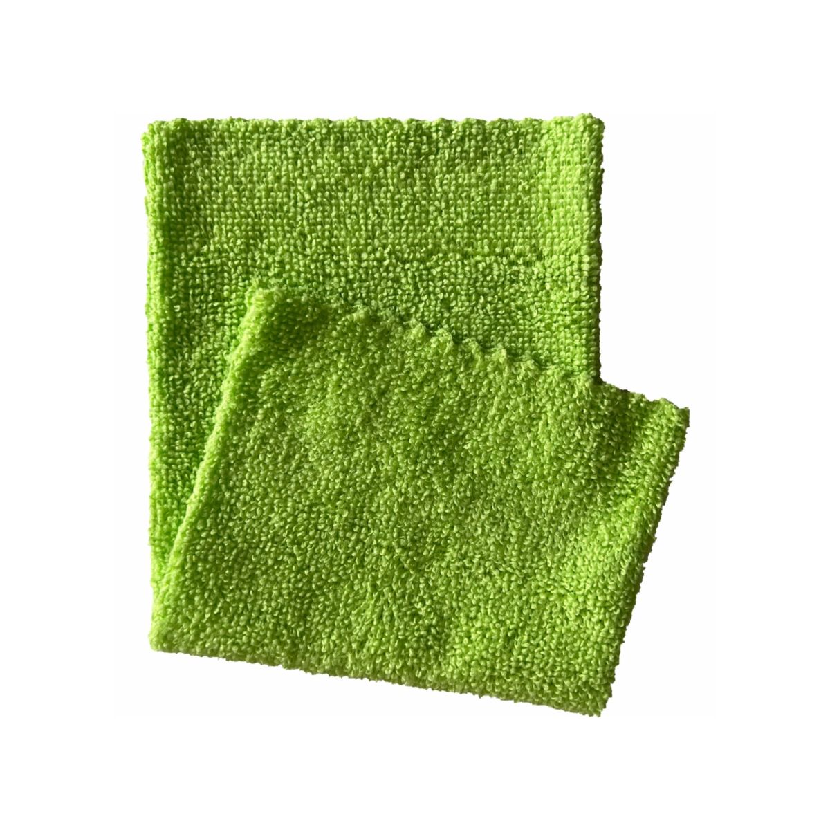 Ein grünes Arcora Microfasertuch ECO-LINE 2in1 Reinigungstuch mit einer gefalteten Ecke, isoliert auf weißem Hintergrund. Die Textur des Tuchs ist sichtbar und hebt Arcora hervor.