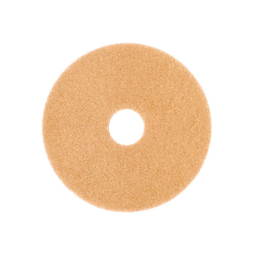 The Arcora Superpad Beige from Arcora International GmbH is a circular floor pad with a center hole, ideal for dry polishing and maintenance cleaning of sensitive floors up to 400 RPM, depicted on a white background.