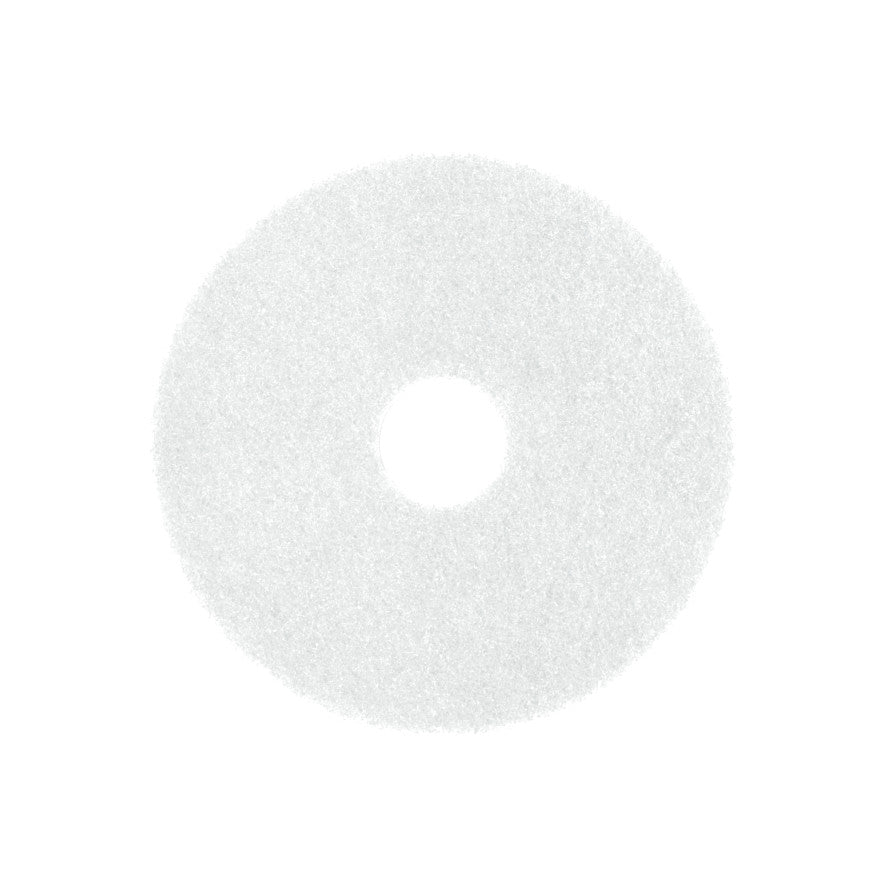 Ein weißes, rundes Arcora Superpad Weiss der Arcora International GmbH, das zum Trockenpolieren bis 400 U/min oder zum Auftragen von Wachsen/Ölen auf Parkett/Kork konzipiert ist, wird mit einem zentralen Loch auf einem schlichten weißen Hintergrund gezeigt.
