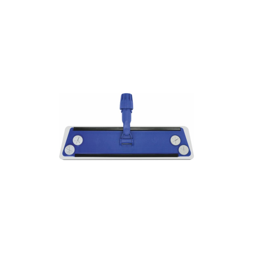 Ein blauer, flacher Wischmoppkopf mit einem mittig angebrachten Griff und vier runden Pads an den Ecken, isoliert vor einem weißen Hintergrund, ausgestattet mit einem Arcora Ultra Trapezwischer mit Schaumstoff – 40 cm | Packung (1 Stück).