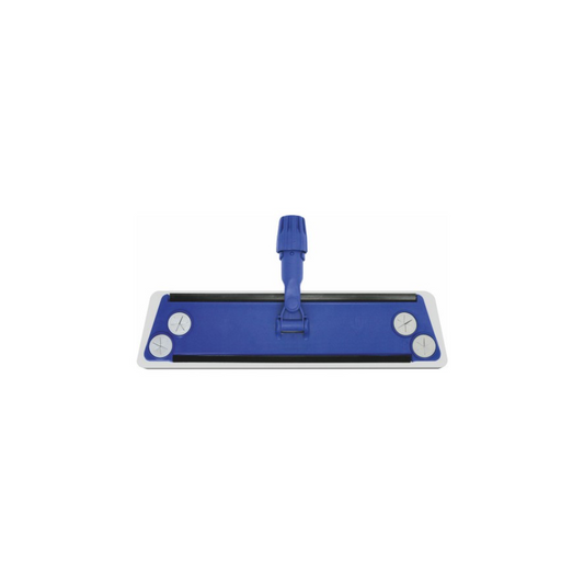 Ein blauer, flacher Wischmoppkopf mit einem mittig angebrachten Griff und vier runden Pads an den Ecken, isoliert vor einem weißen Hintergrund, ausgestattet mit einem Arcora Ultra Trapezwischer mit Schaumstoff – 40 cm | Packung (1 Stück).