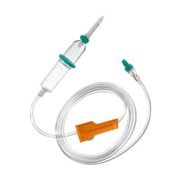 The B. Braun Intrafix® SafeSet Infusion Set from B. Braun Deutschland GmbH & Co. KG is an intravenous (IV) administration set that includes a clear drip chamber, a needle, and a long, flexible tubing with an orange roller clamp for precise flow control. This set also features an AirStop filter membrane and a green connection port suitable for both pressure-driven and gravity-fed infusions.