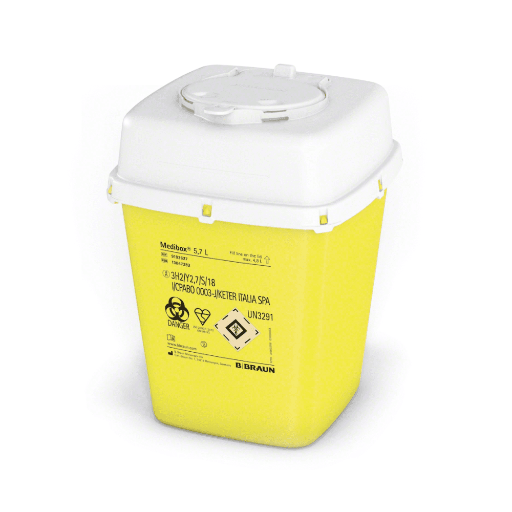 A B. Braun Medibox® needle disposal, a yellow needle disposal container with a white lid, is designated for safe medical disposal. It is equipped with hazard warnings and a text indicating that it has a capacity of 5.2 liters, making it ideal for disposing of needles and other sharp medical waste.