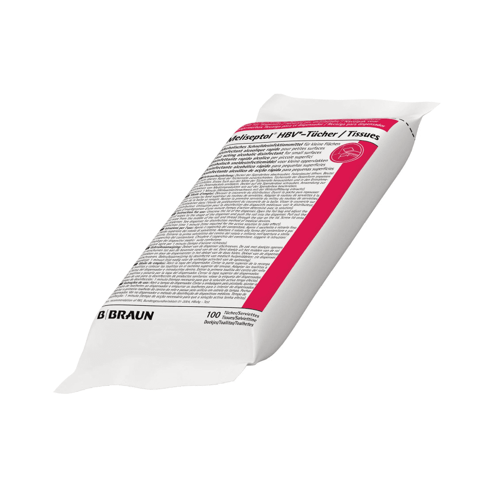 Das Bild zeigt eine Packung B. Braun Meliseptol® HBV Tücher Desinfektionstücher von B. Braun Deutschland GmbH & Co. KG. Das Etikett zeigt einen detaillierten schwarzen Text mit einem roten Akzentstreifen auf weißem Hintergrund. Diese Wischdesinfektionspackung enthält 100 Tücher und ist größtenteils rechteckig mit einer leicht abgewinkelten Perspektive.